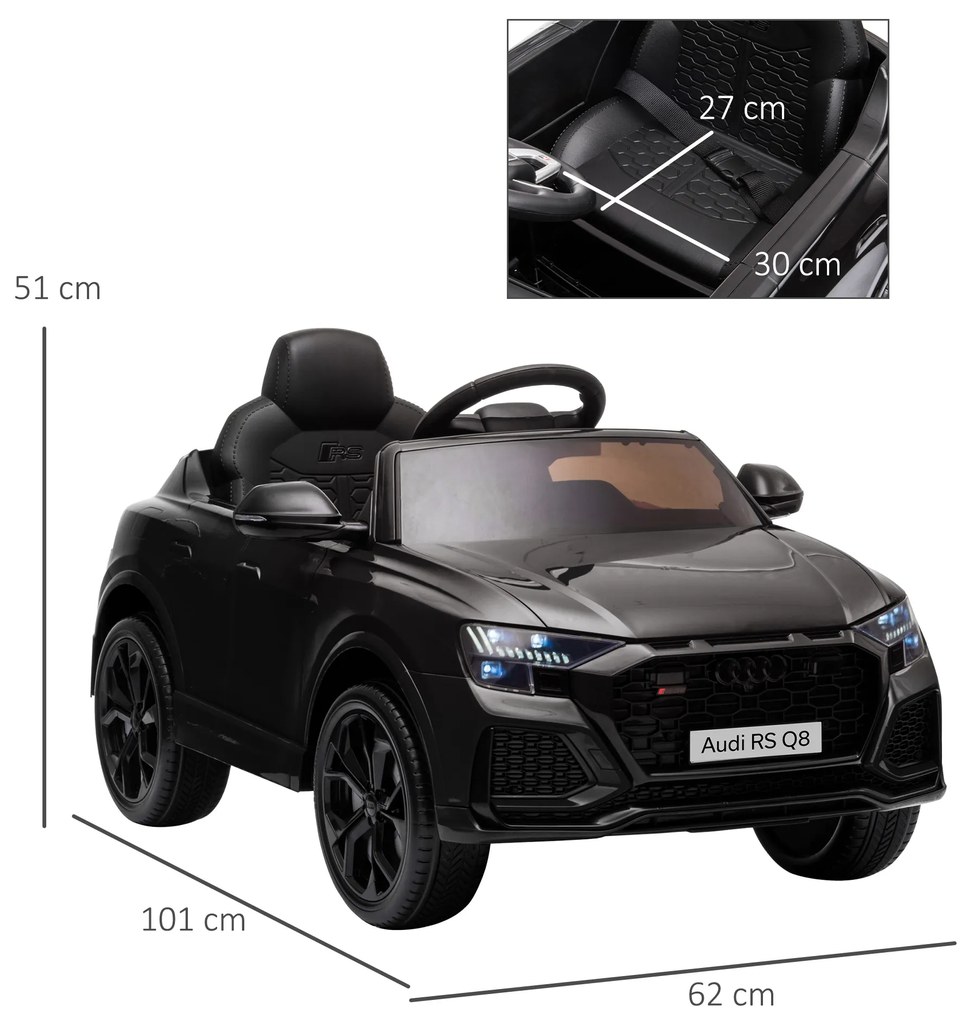 Carro Elétrico Infantil acima de 3 anos Licença Audi RS Q8 com Bateria 6V Controle a Distância Música MP3 Buzina e Luzes Velocidade Máx. 3km/h 101x62x