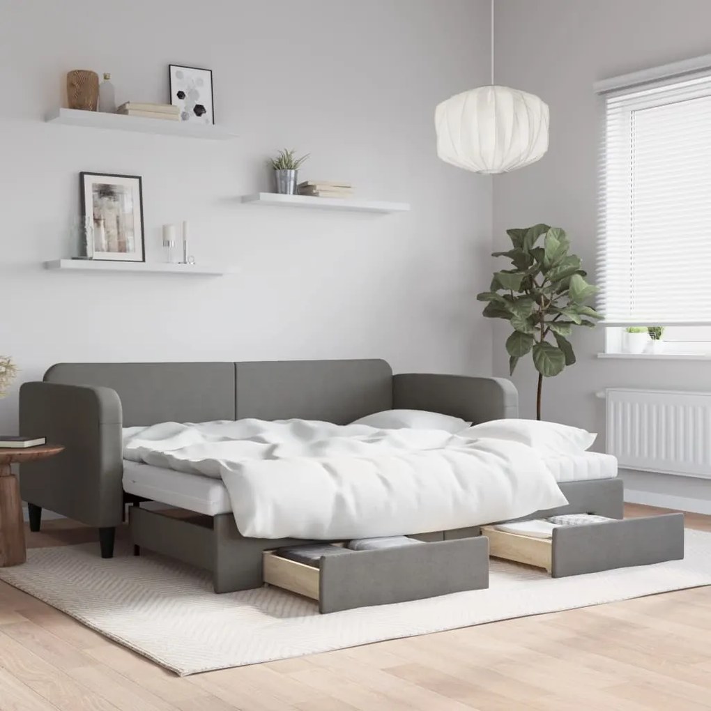 vidaXL Sofá-cama c/ gavetão e gavetas 90x190 cm tecido cinzento-escuro