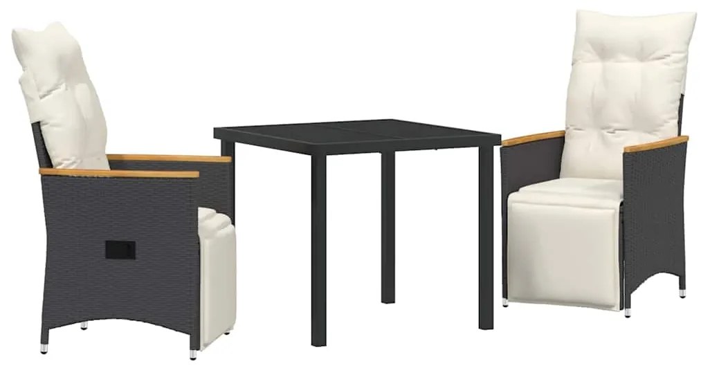 Conjunto de Jantar para Jardim com 3 Peças e Almofadas Pretas de Poly