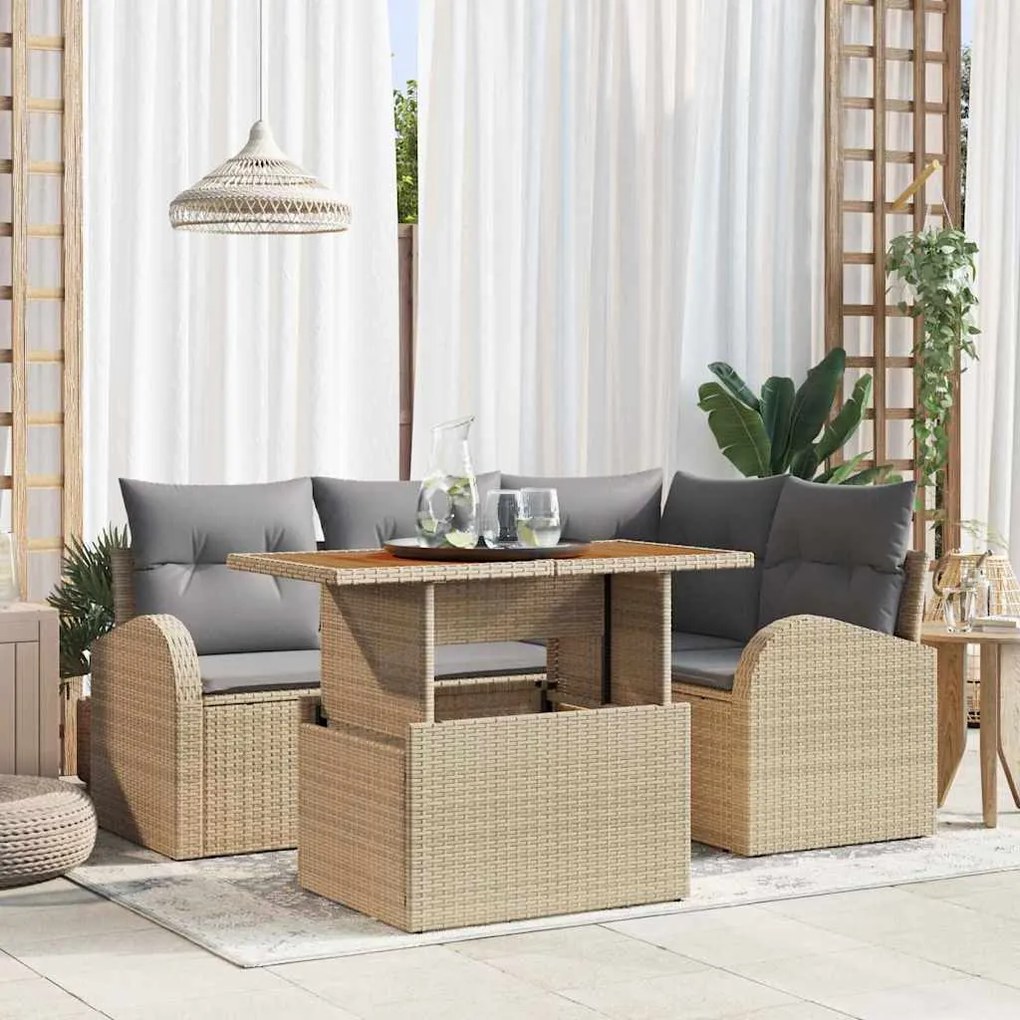 vidaXL Conjunto de Jantar de Jardim de 5 Peças da com Almofadas de Rattan Sintético Bege e Acácia.
