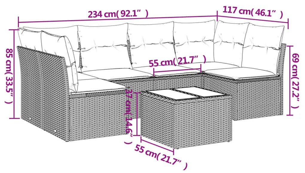 7 pcs conjunto sofás p/ jardim c/ almofadões vime PE cinzento