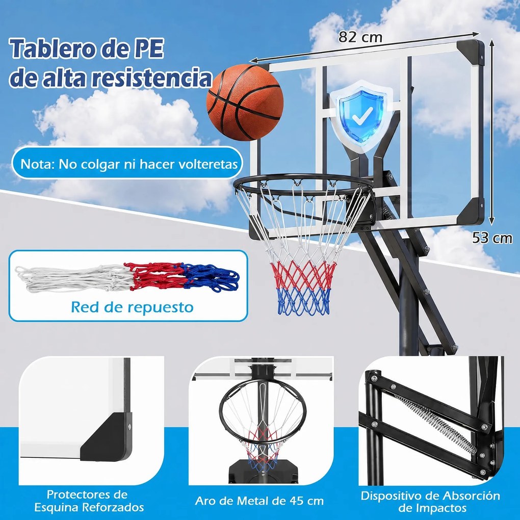 Cesto de Basquetebol Portátil, 88 x 53 x 258-303 cm, Altura Regulável em 8 Níveis, Preto