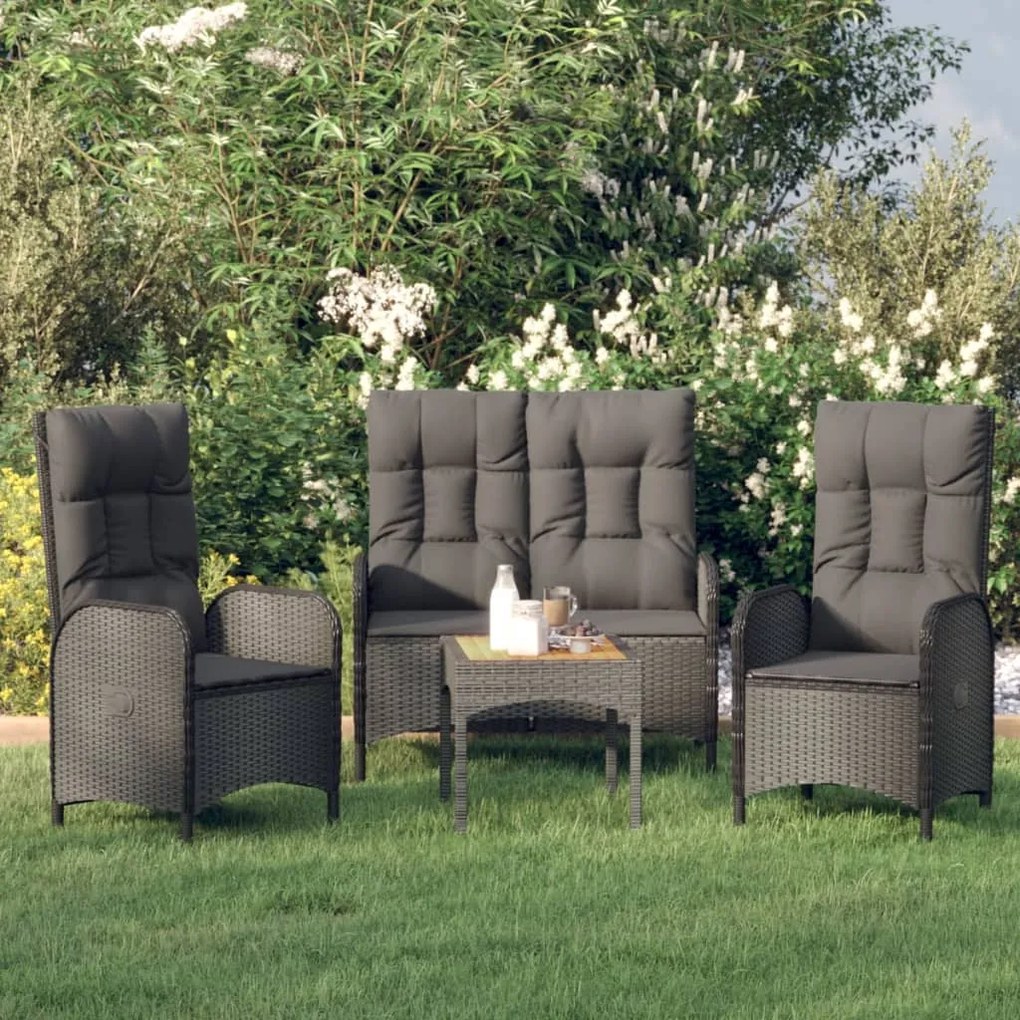 vidaXL 3 pcs conjunto de jantar p/ jardim c/ almofadões vime PE preto
