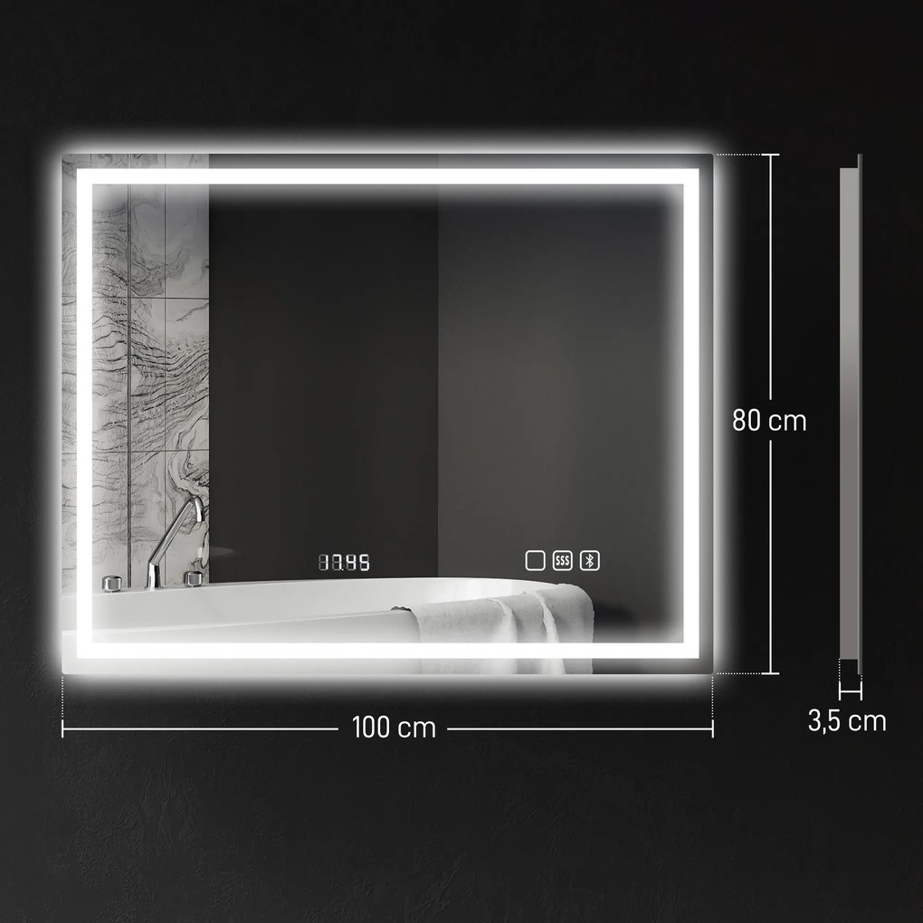 Espelho de casa de banho com LED e Bluetooth, 80 x 100 cm, interruptor tátil, iluminação regulável, 3 cores, antiembaciamento, memória, prateado