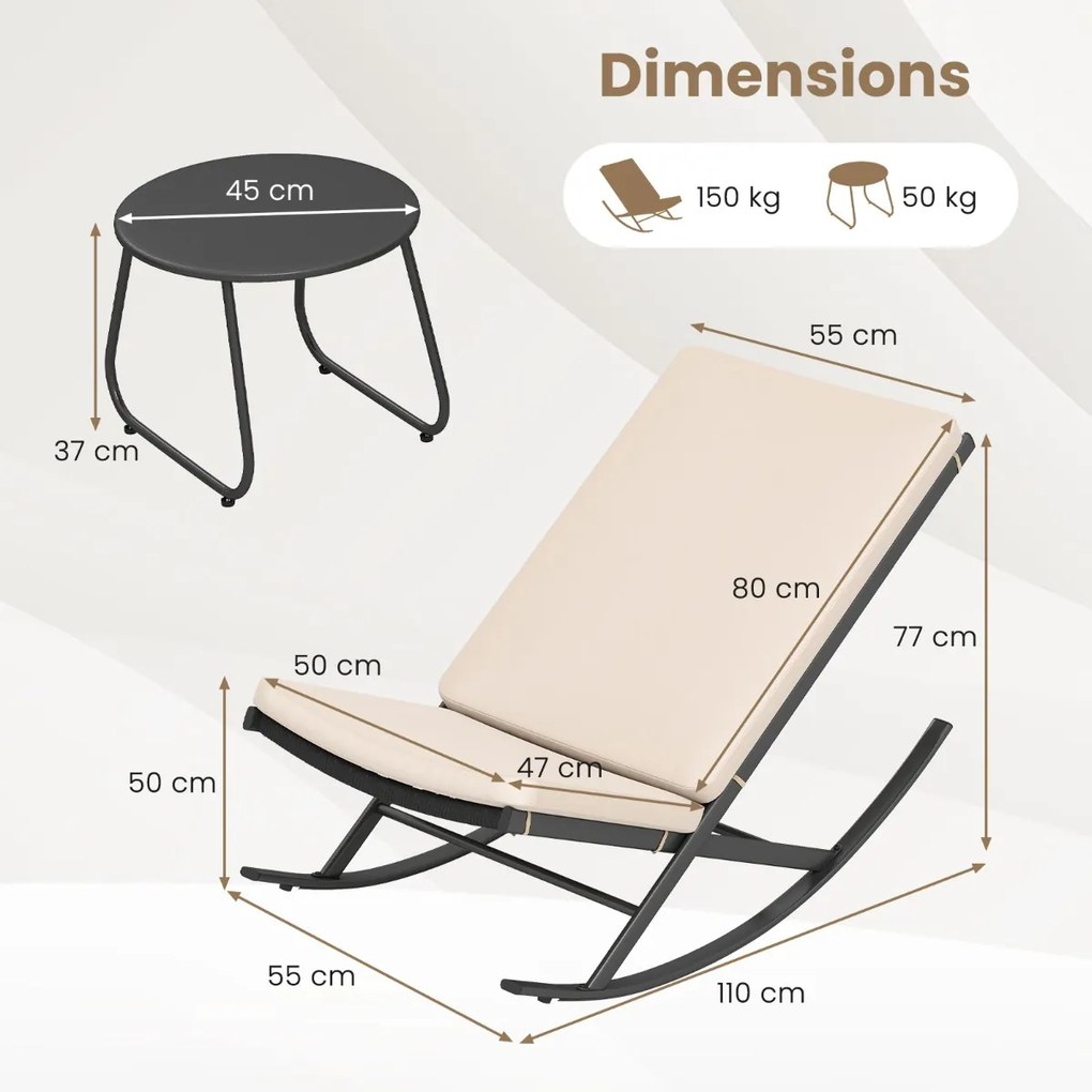 Conjunto de Baloiços jardim  de 3 peças com 2 cadeiras de baloiço em rattan PE com almofadas e 1 mesa preto e Bege