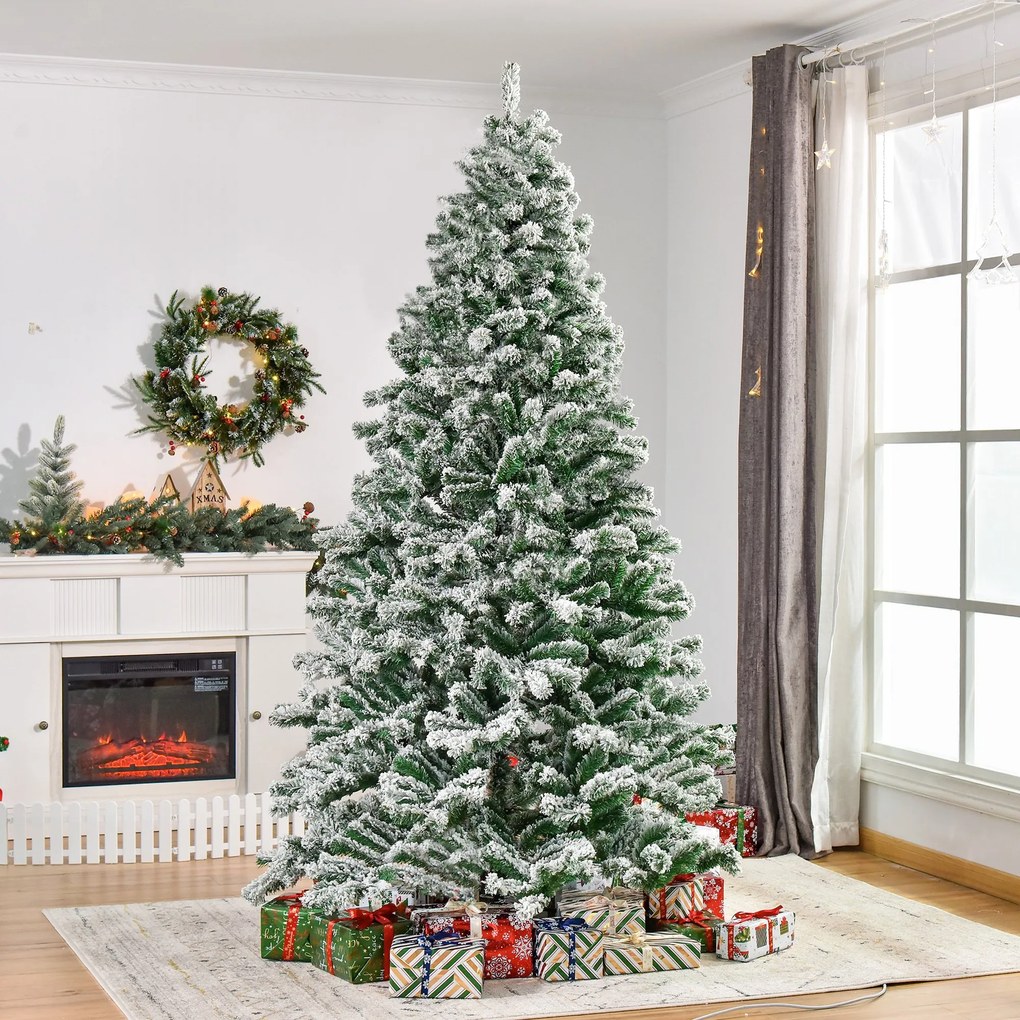 HOMCOM Árvore de Natal Ø140x225cm Neve Artificial com 1083 Pontas de PVC Base Dobrável e Suporte de Metal Decoração de Natal para Interiores Verde e Branco