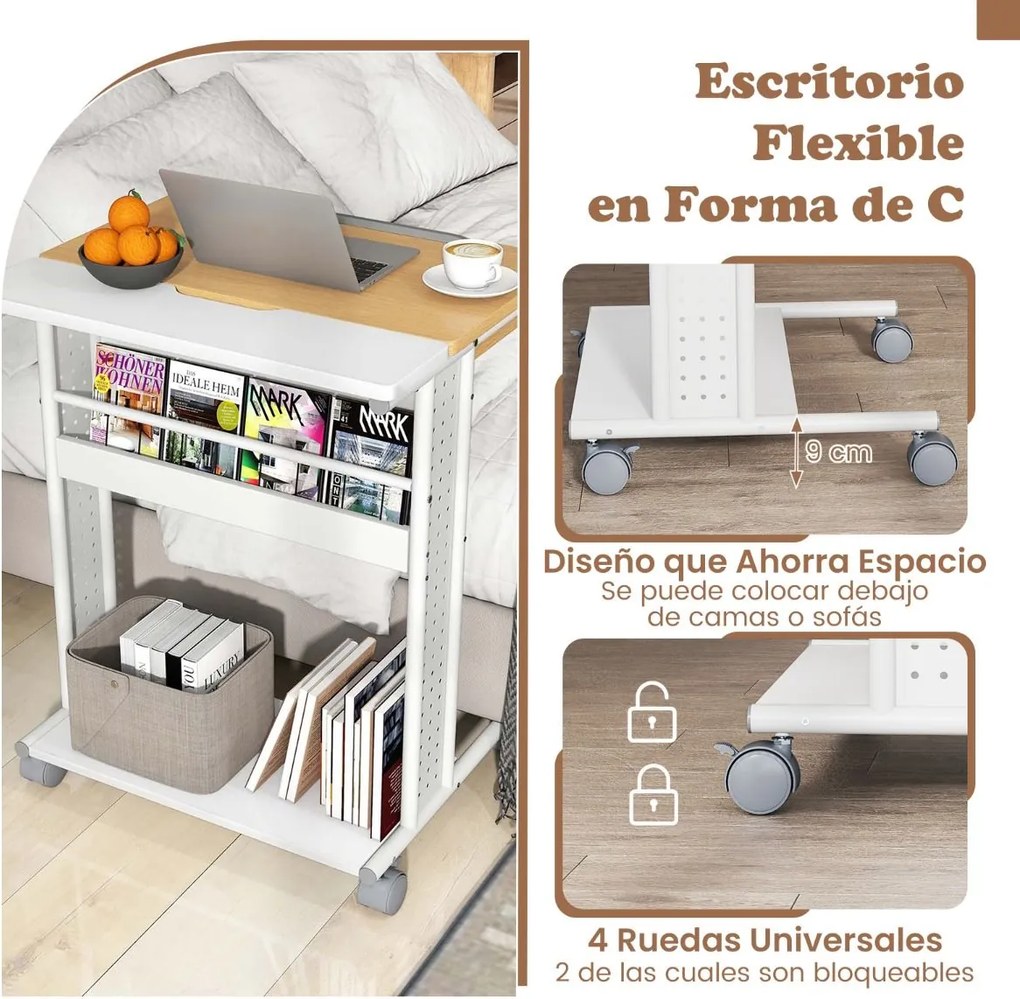 Secretária portátil 60 x 50 x 75-96 cm com rodas e mesa inclinável em 6 posições Compartimento oculto Prateleiras Painéis perfurados em forma de C Nat