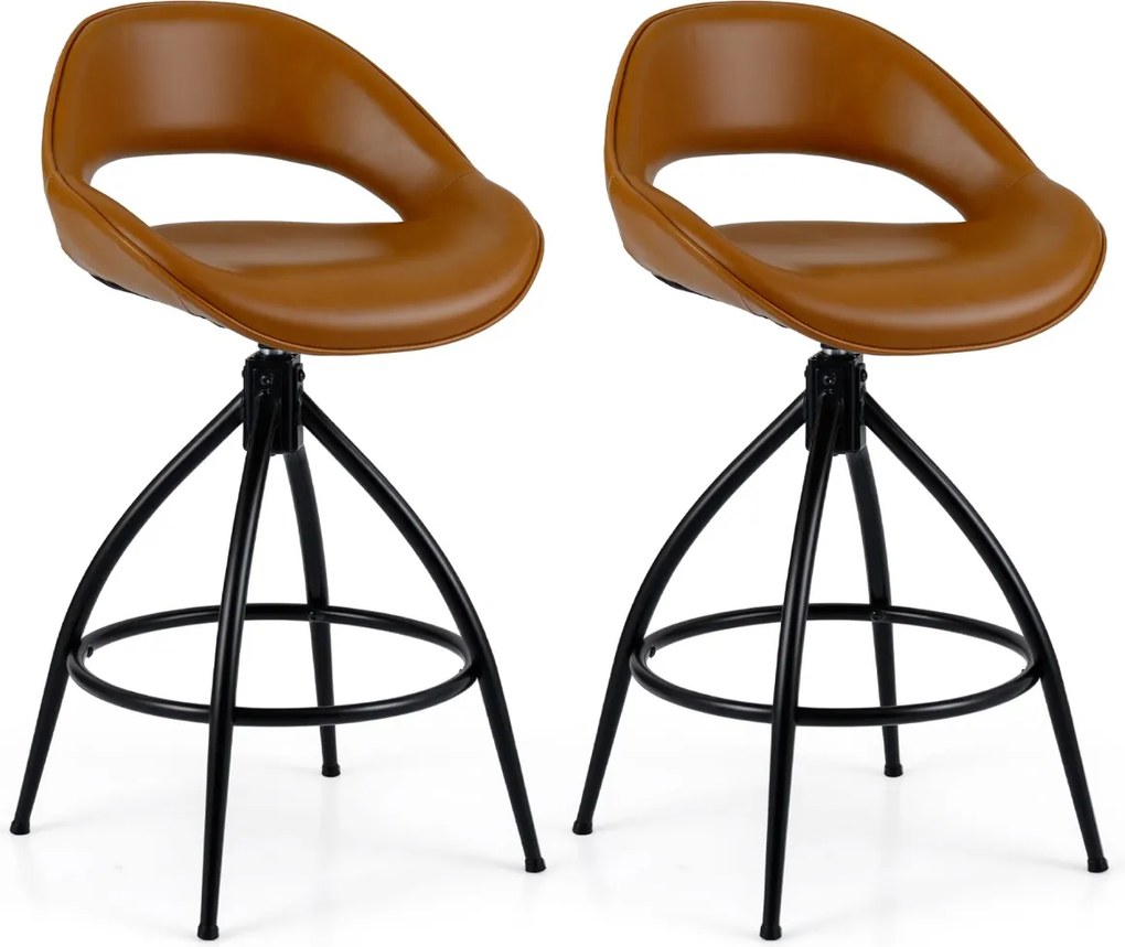 Bancos de bar giratórios, 2 unidades, altura de balcão, encosto, apoio para os pés, metal e couro sintético, para cozinha e sala de jantar, castanho