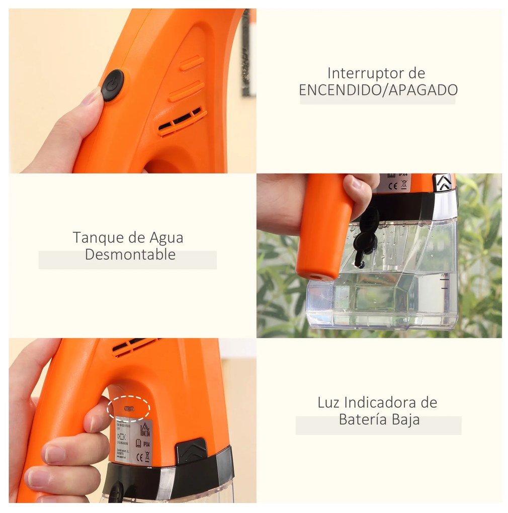 HOMCOM Limpa Vidros Elétrico 2 em 1 Aspirador Limpador de Vidros com Depósito de Água 300ml e Ponta de Borracha Inclui Pulverizador 19,5x12,5x33cm Laranja