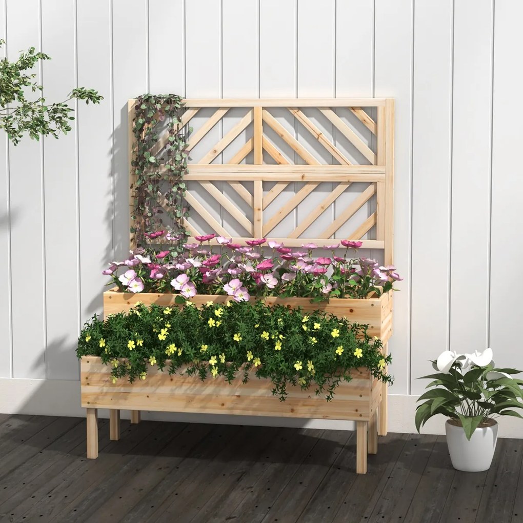 Floreira jardim com treliça de 2 níveis Caixa de cultivo com pernas para jardim 109 x 62 x 135 cm Natural