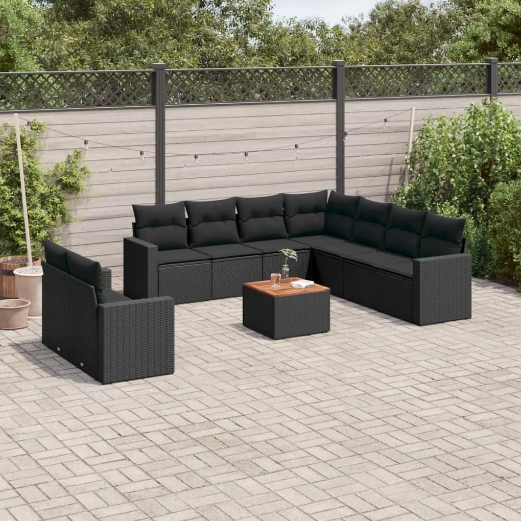 10 pcs conjunto sofás de jardim c/ almofadões vime PE preto