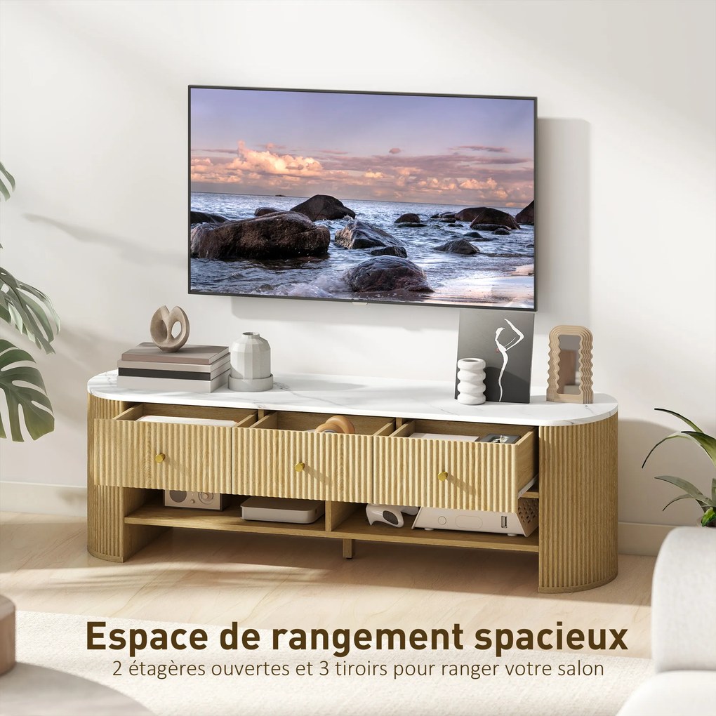 Móvel de TV 140 x 40 x 43 cm, móvel para televisor de 65 polegadas com efeito de mármore, 3 gavetas com frentes caneladas com efeito de madeira natura
