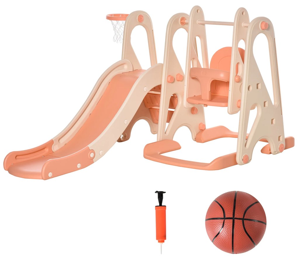 Baloiço e Escorrega para Crianças acima de 18 Meses Cesta de Basquetebol 3 em 1 com Assento Ajustável Parque Infantil Interior e Exterior 158x117x97cm Coral