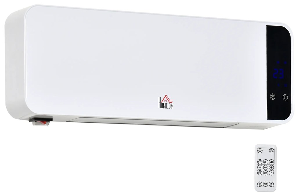 HOMCOM Aquecedor Cerâmico de Parede 1000/2000W com Controle Remoto Tela LED Termostato Temporizador e Proteção contra Superaquecimento para 25m² 56x18,5x11,5cm Branco
