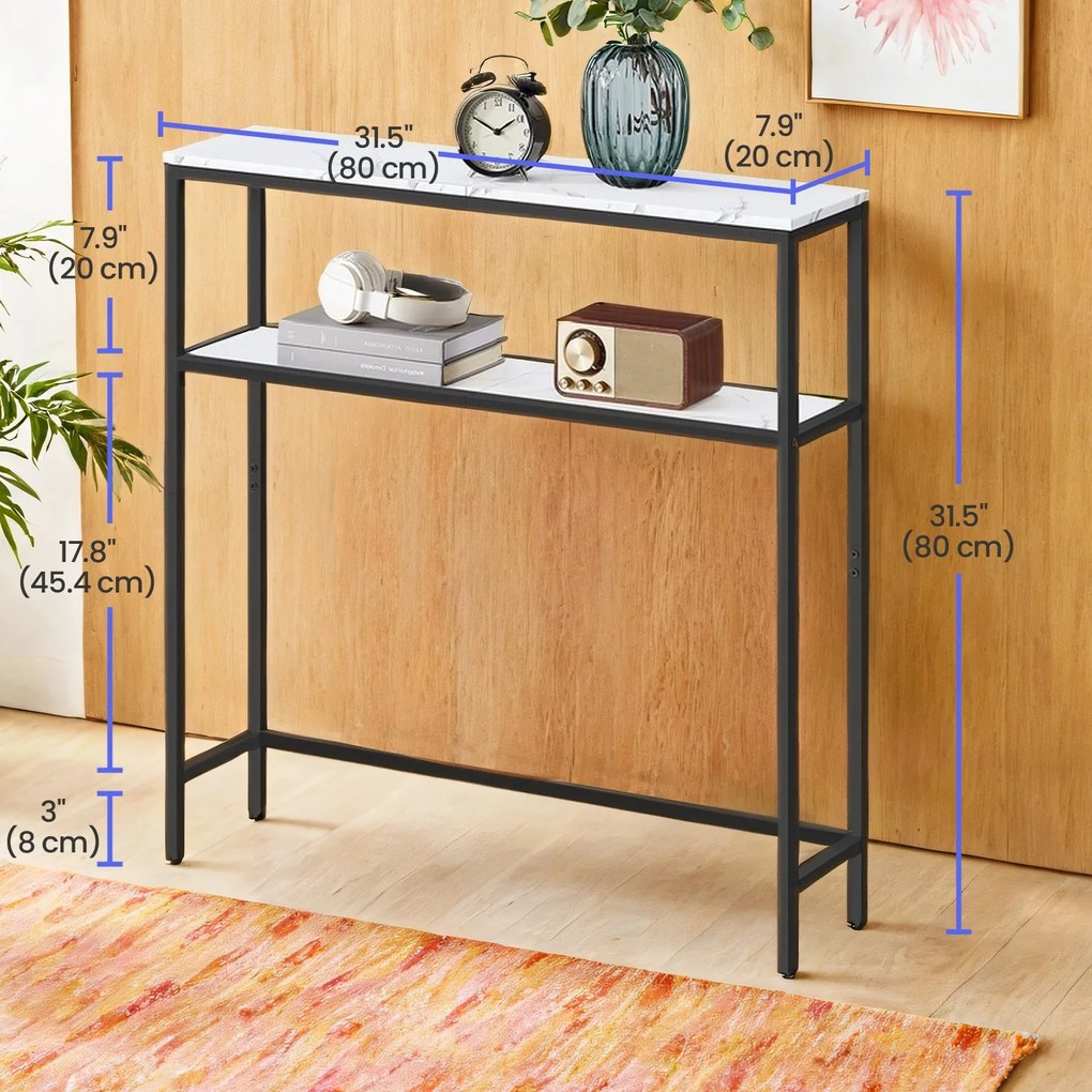 Mesa consola estreita com 2 prateleiras em efeito 20 x 80 x 80 cm branco mármore e preto
