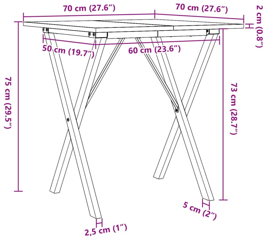 Mesa de jantar estrutura em X 70x70x75 cm pinho e aço