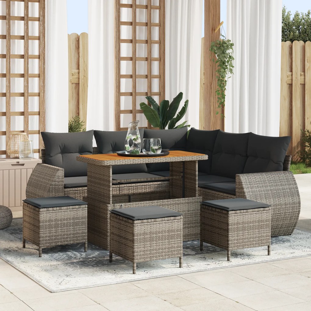 Conjunto de Sofás de Jardim de 9 peças com Almofadas Cinza Rattan Poli