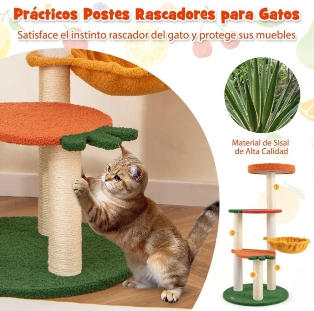 Arranahdor para gatos estilo fruta de 99,5 cm, vários níveis com cabide acolchoado, cesto giratório e postes de sisal para arranhar Laranja