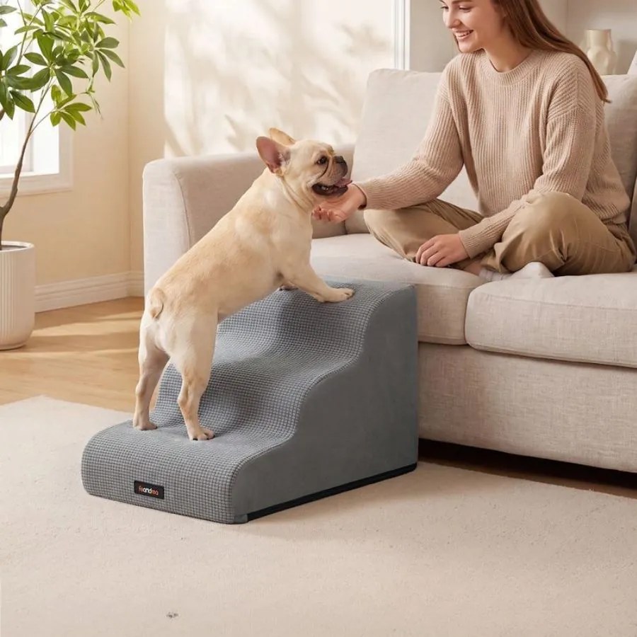 Escada para animais de estimação de espuma lavável 57 x 40 x 40 cm com três degraus, Cinzento