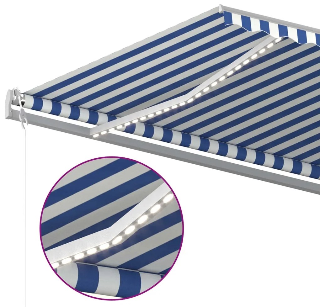 Toldo retrátil manual com luzes LED 5x3 m azul e branco