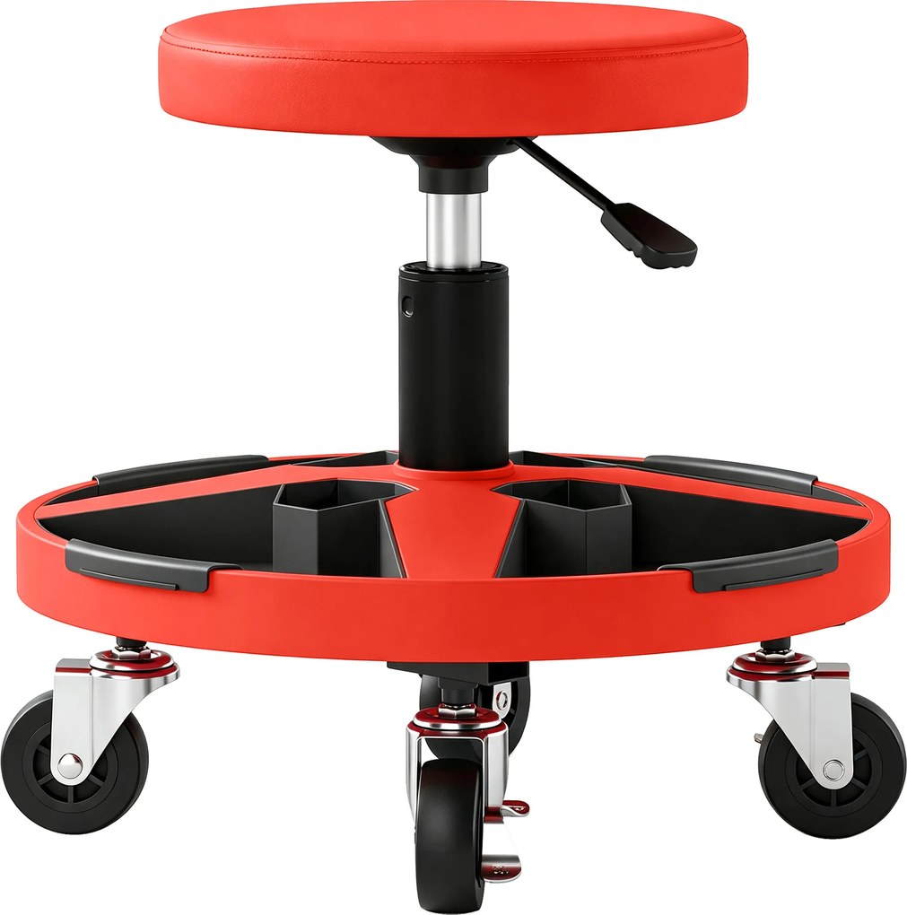 HOMCOM Banco de Oficina com Bandeja e Rodas, Altura Ajustável 40-52 cm, Carga 135 kg, para Garagem, Vermelho | Aosom Portugal