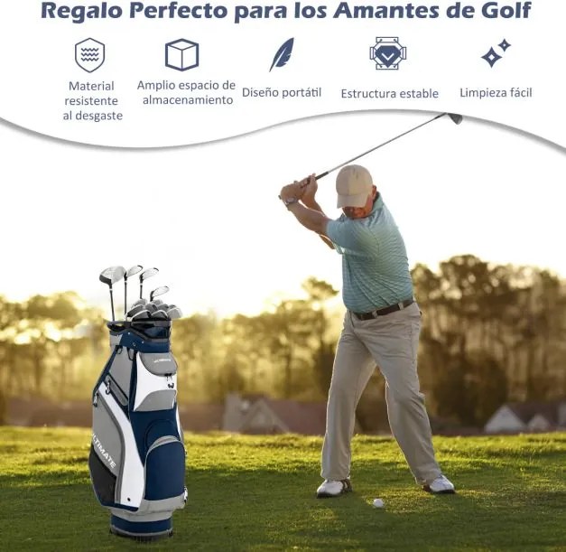 Saco para golfe Bolsa leve e portátil com 14 divisórias, 7 bolsos, capa para chuva, 42 x 31 x 91,5 cm Azul Marinho + Cinza