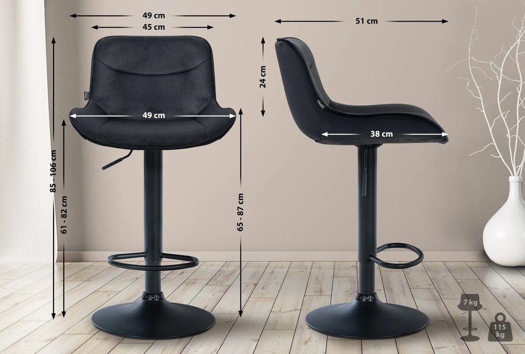 Banco alto em veludo com estrutura preta 85-106 x 49 x 51 cm preto