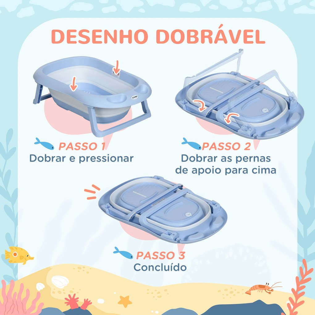 Banheira para Bebé Recém Nascido Dobrável 40L com Almofada Pés Antiderrapantes Orifício de Drenagem e 83x48x23,5 cm Azul