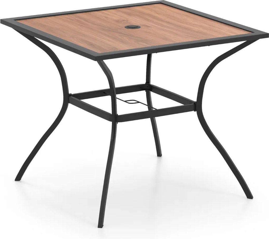 Mesa de jantar de jardim para 4 pessoas quadrada com orifício ajustável para guarda-sol e tampo de imitação madeira