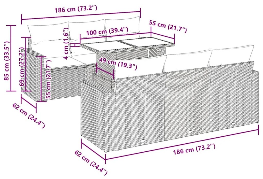 7 pcs conjunto de sofás p/ jardim com almofadões vime PE bege