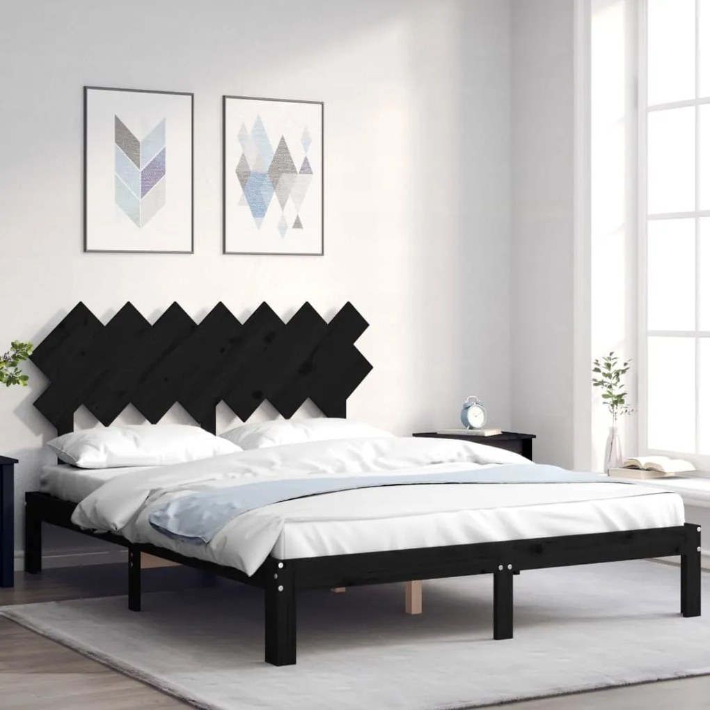 vidaXL Estrutura de cama King Size com cabeceira madeira maciça preto