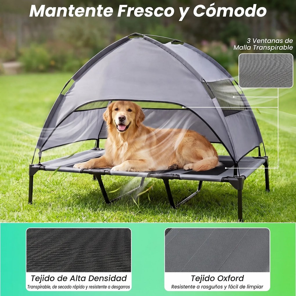 Cama Elevada para Cães com Dossel, 122,5 x 91 x 95 cm, Dossel Removível, Cinzento