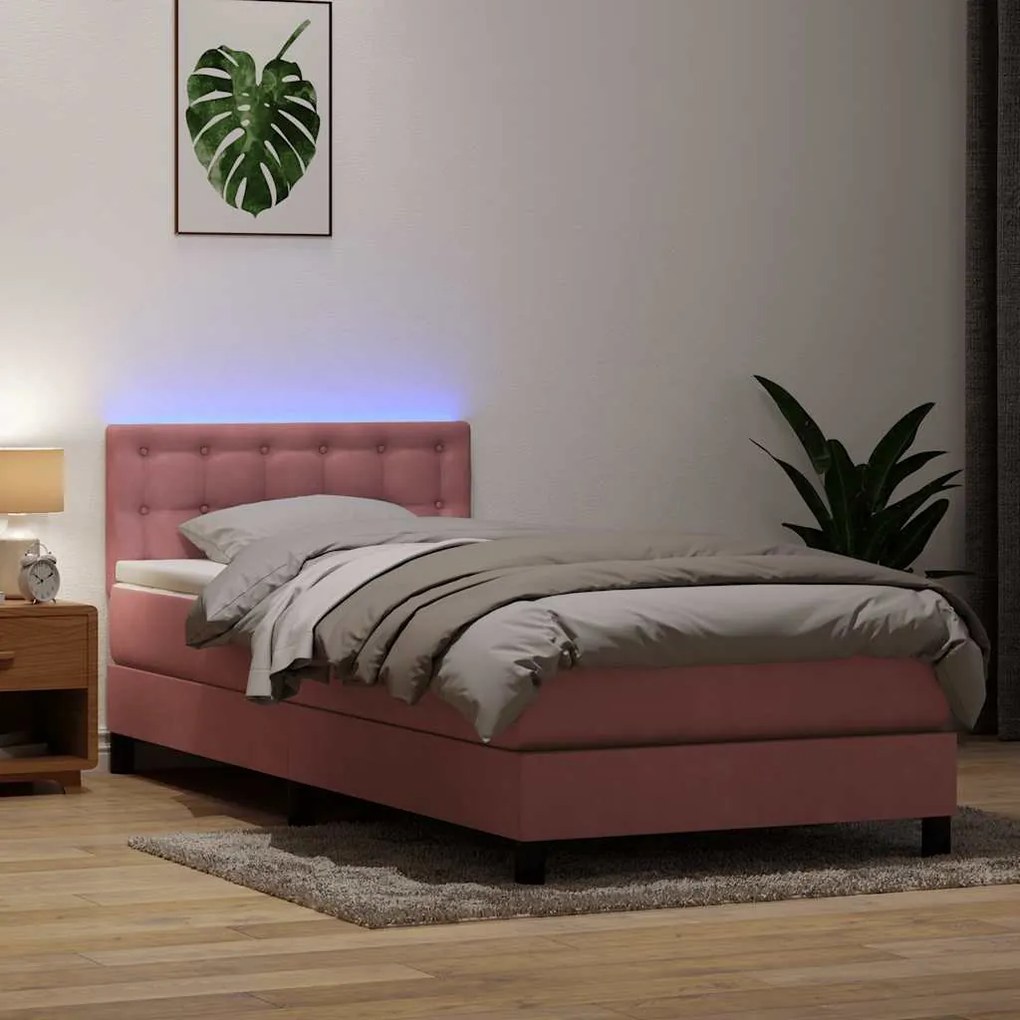 vidaXL Cama box spring c/ colchão e LED rosa 90x220 cm veludo