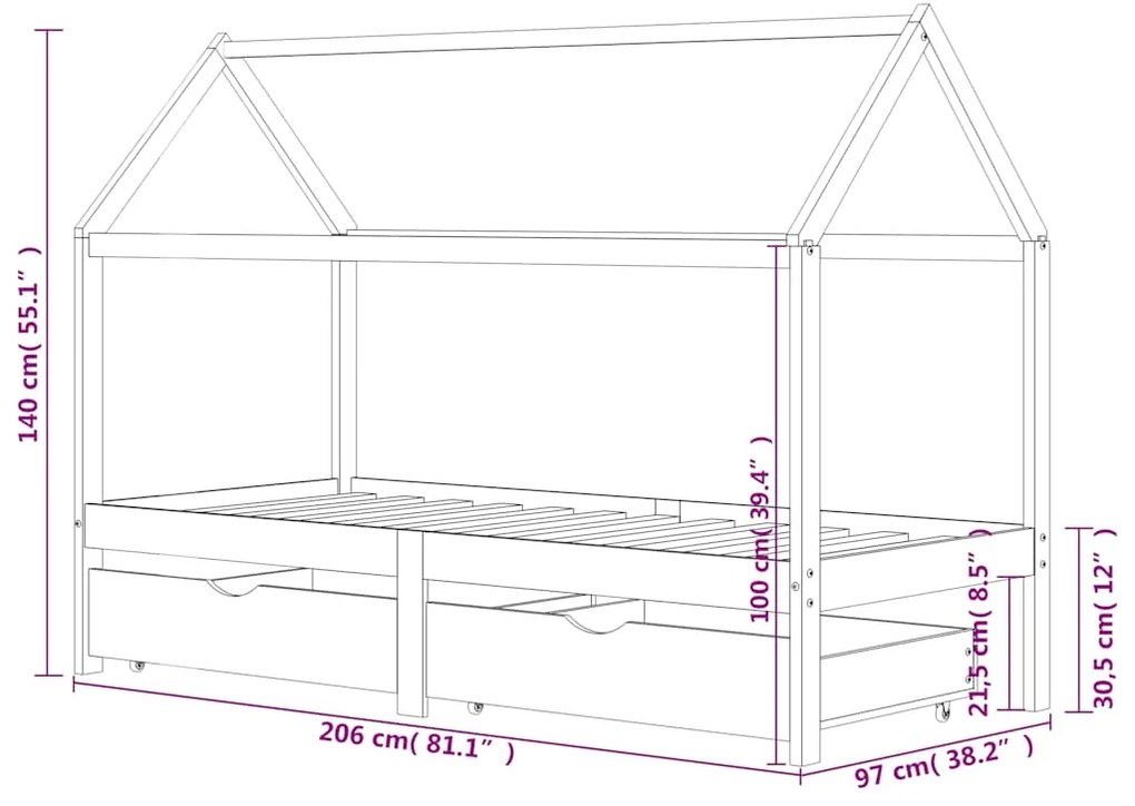 Cama para crianças c/ gavetas 90x200 cm pinho maciço branco