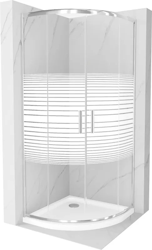Mexen Rio cabine de duche semicircular 80 x 80 cm, listras brancas, cromado + base de duche Flat, branco