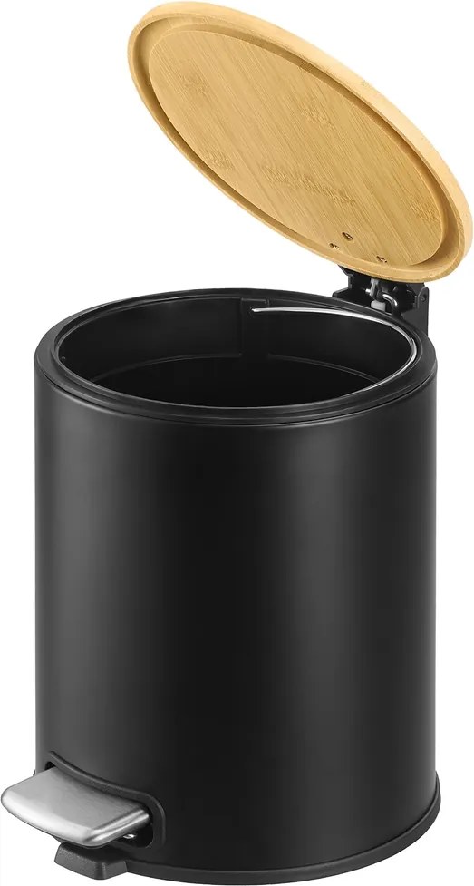 Caixote do lixo para casa de banho de 6 litros, com tampa de bambu, com pedal Preto