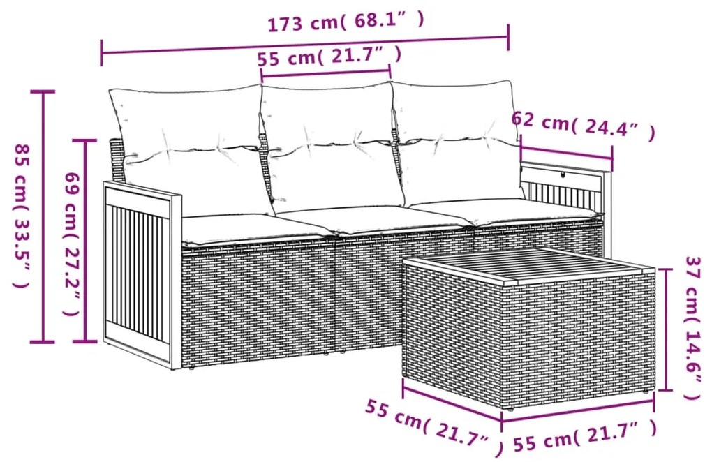 4 pcs conjunto de sofás para jardim c/ almofadões vime PE bege