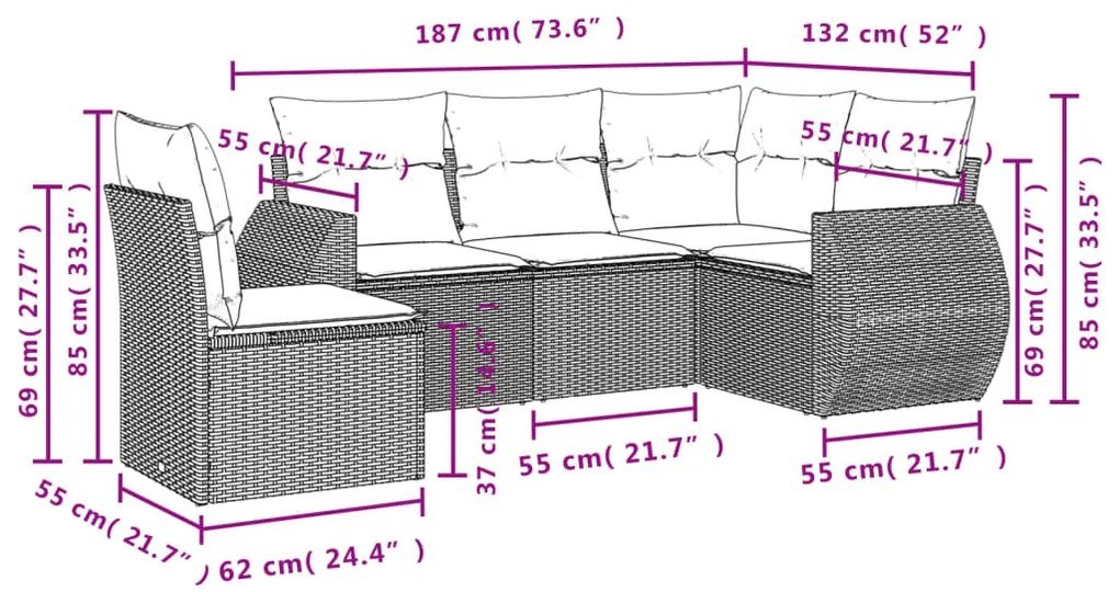 5 pcs conjunto de sofás p/ jardim com almofadões vime PE bege