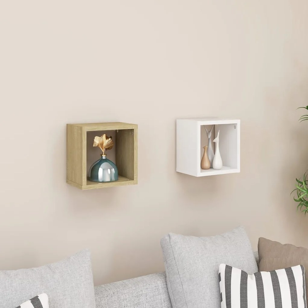 vidaXL Prateleiras parede forma de cubo 2 pcs 22x15x22cm branco/sonoma