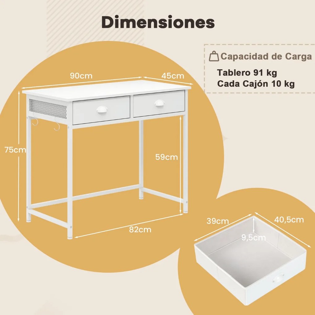 Secretária compacta com 2 gavetas em tecido, 4 ganchos para pendurar e estrutura em metal 90 x 45 x 75 cm Branca