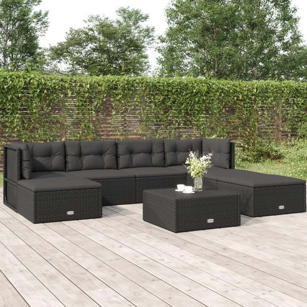 7 pcs conjunto lounge de jardim c/ almofadões vime PE preto