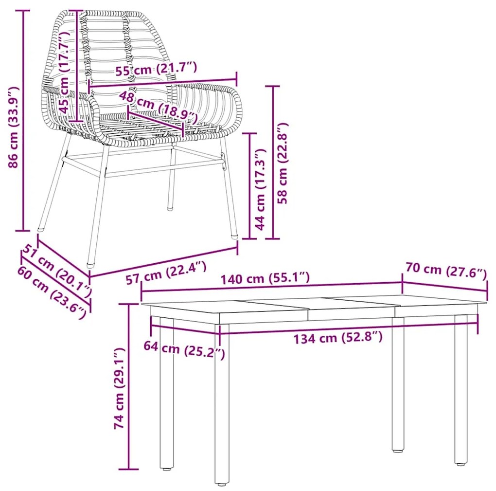 Conjunto de jantar jardim 5 peças vidro vime PE preto