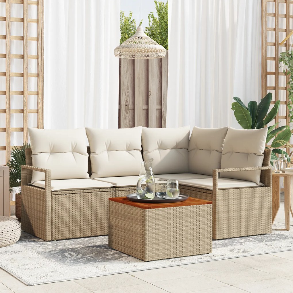 Conjunto de Sofá de Jardim de 5 Peças com Almofadas Bege de Vime Polié