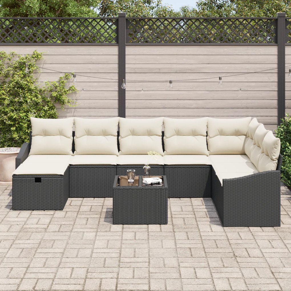 Conjunto de Sofás de Jardim de 9 Peças com Almofadas em Rattan Preto