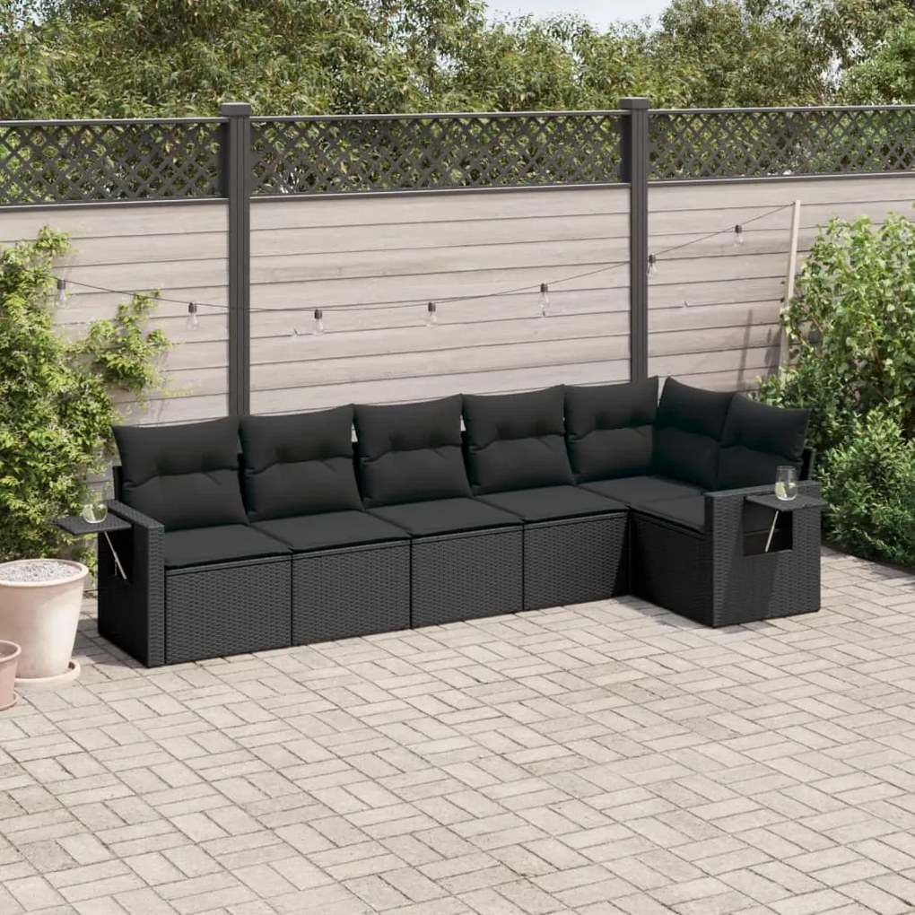 6 pcs conjunto sofás de jardim c/ almofadões vime PE preto