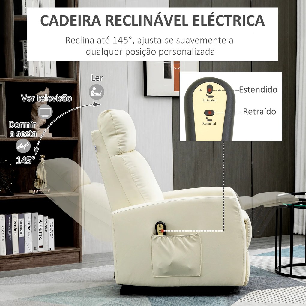 Poltrona Relax Levanta Pessoas Poltrona Elétrica Reclinável a 145° com Controlo Remoto Apoio para Pés 67x95x105 cm Creme