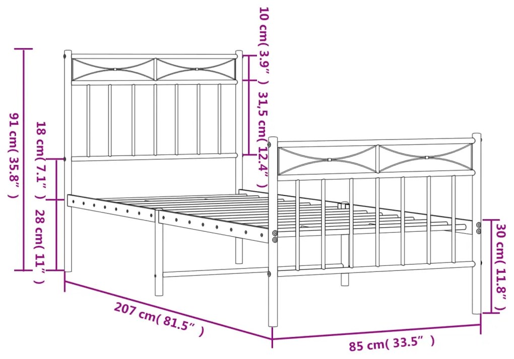 Estrutura de cama com cabeceira e pés 80x200 cm metal branco