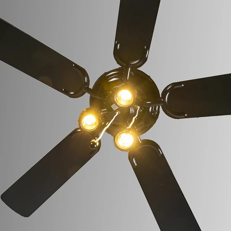 Ventilador de teto preto 110cm 3-luzes com cordão de tração - Mistral Moderno