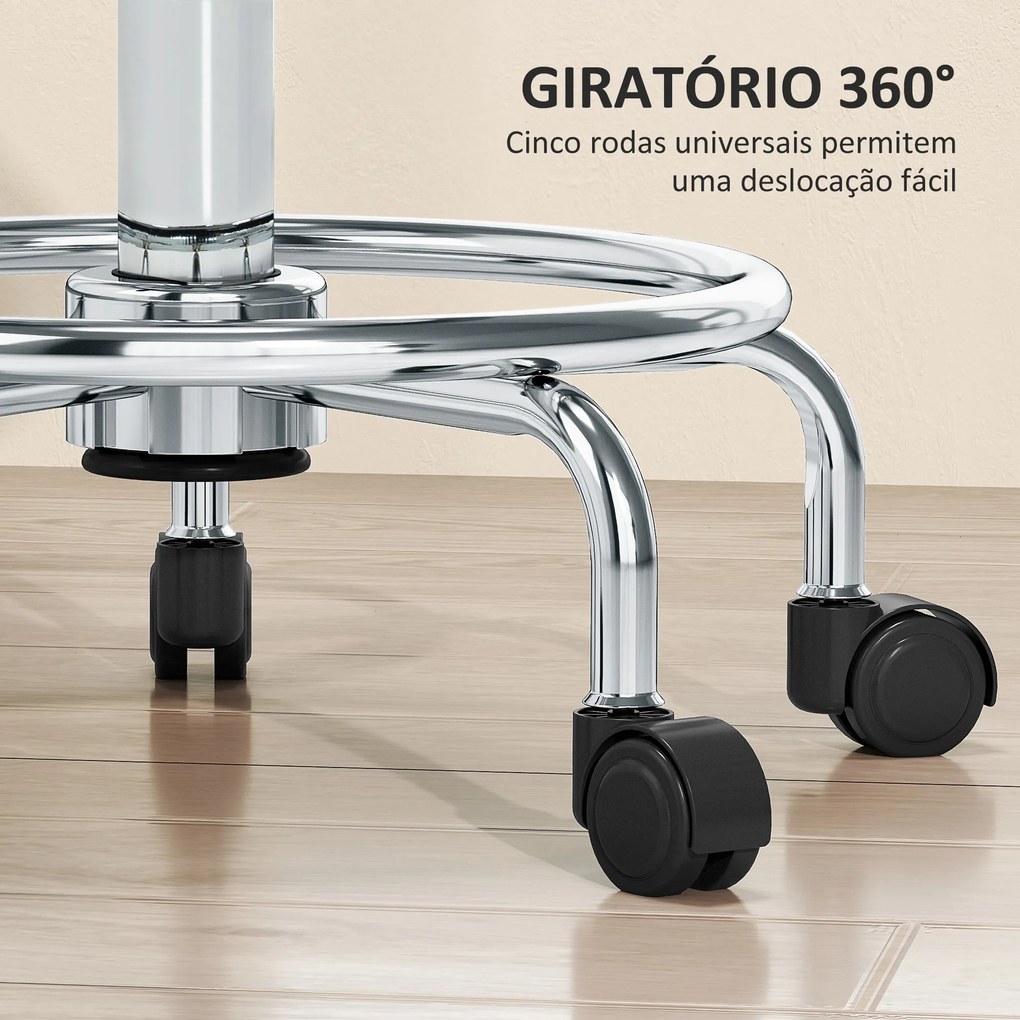 Banco Giratório com Rodas Altura Regulável 50-66 cm Assento Estofado em Imitação de Couro  34x34x50-66 cm Branco