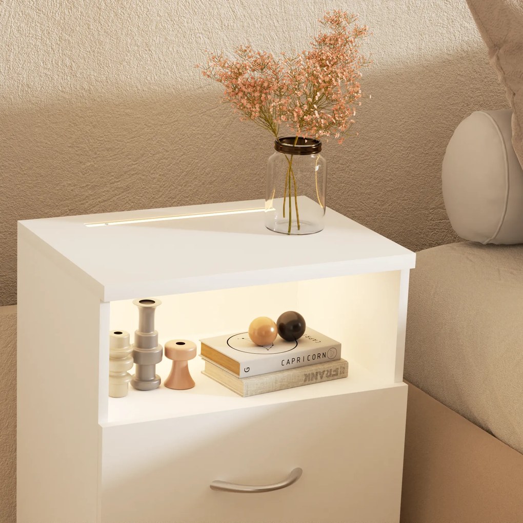 Conjunto de 2 Mesas de cabeceira com Iluminação LED integrada Jamie 55x40x28cm brancas